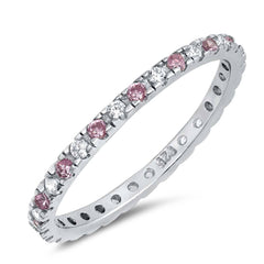 Sterling Silver Rhodium Plated Round Pink Wedding Band Shaped Clear CZ RingAnd Band Width 2mm
