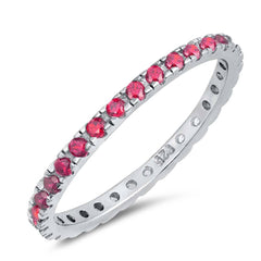 Sterling Silver Rhodium Plated Round Ruby Wedding Band Shaped Clear CZ RingAnd Band Width 2mm