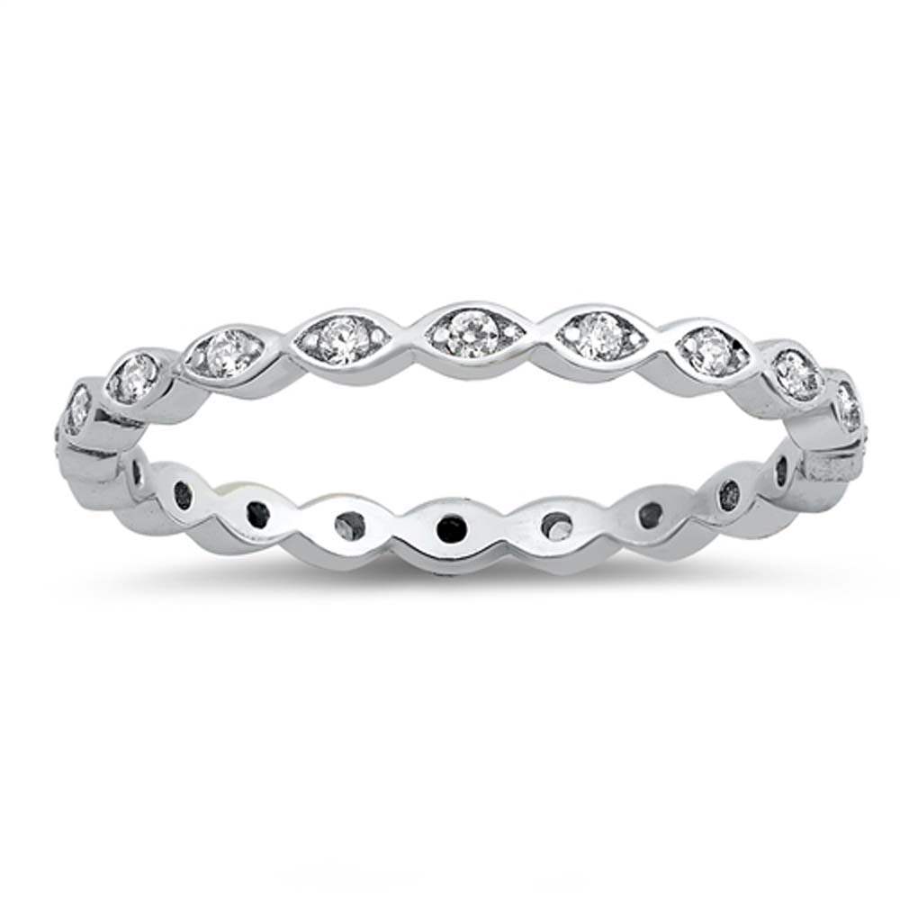 Sterling Silver Fancy Stackable Multi Oval Design Ring with Clear Simulated Crystals on Prong Setting with Rhodium FinishAnd Band Width 2MM