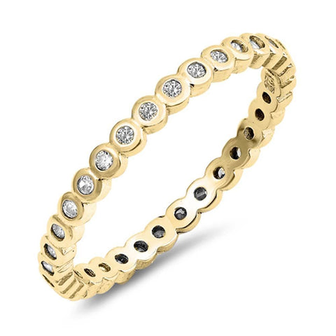 Sterling Silver Yellow Gold Plated Eternity Band Bezel Set Round Clear Cz Ring with Face Height of 2MM