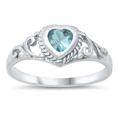Sterling Silver Heart Shape Aquamarine Color CZ Baby Ring