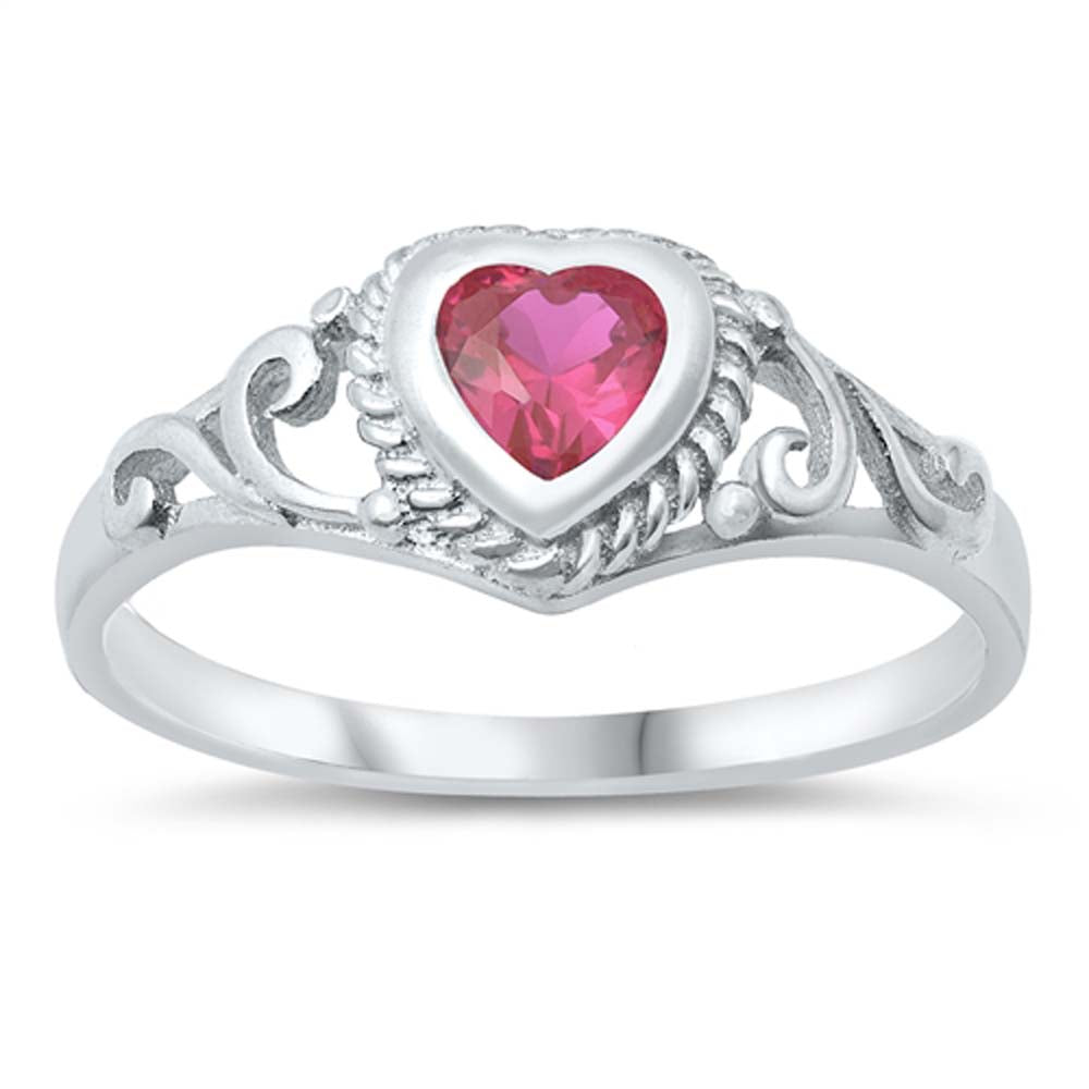 Sterling Silver Heart Shape Ruby Color CZ Baby Ring