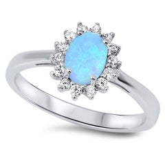 Sterling Silver Oval Shape Light Blue Lab Opal Rings With CZ SonesAnd Face Height 10mm