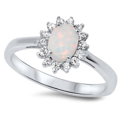 Sterling Silver Modish White Lab Opal Oval Cut with Halo Clear CZ RingAnd Face Height of 11MM