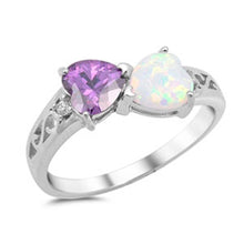 Load image into Gallery viewer, Sterling Silver Fancy White Lab Opal Heart and Amethyst CZ Heart Ring with Swirl Designs and Clear CZAnd Ring Face Height of 8MM
