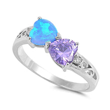 Load image into Gallery viewer, Sterling Silver Trillion Shape Blue Lab Opal Rings With Syntactic Amethyst CZAnd Face Height 8mm