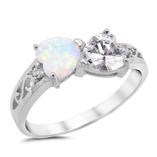 Load image into Gallery viewer, Sterling Silver Fancy White Lab Opal Heart and Clear CZ Heart Ring with Swirl Designs and Clear CZAnd Ring Face Height of 8MM