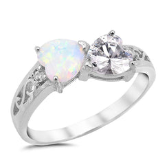 Sterling Silver Fancy White Lab Opal Heart and Clear CZ Heart Ring with Swirl Designs and Clear CZAnd Ring Face Height of 8MM