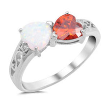 Load image into Gallery viewer, Sterling Silver Fancy White Lab Opal Heart and Garnet CZ Heart Ring with Swirl Designs and Clear CZAnd Ring Face Height of 8MM