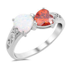 Sterling Silver Fancy White Lab Opal Heart and Garnet CZ Heart Ring with Swirl Designs and Clear CZAnd Ring Face Height of 8MM