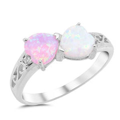 Sterling Silver Fancy White Lab Opal Heart and Pink Lab Opla Heart Ring with Swirl Designs and Clear CZAnd Ring Face Height of 8MM
