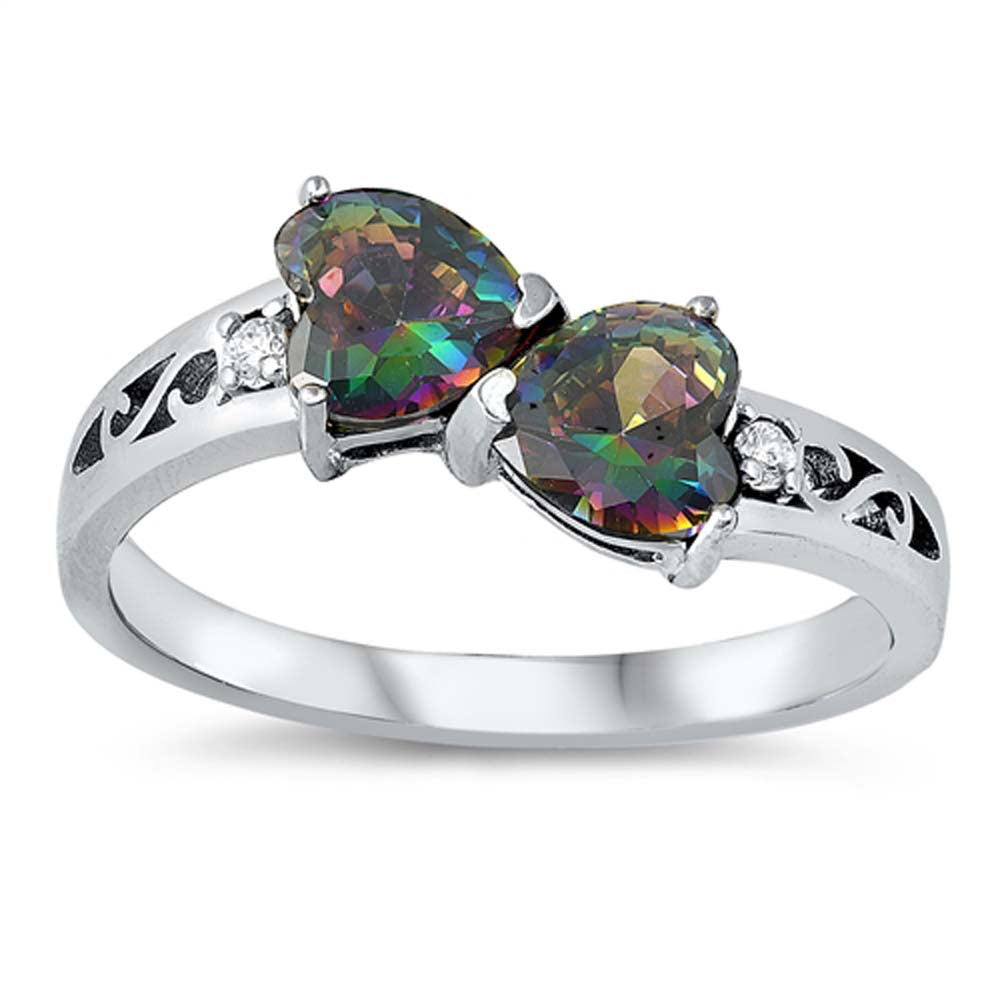 Sterling Silver Double Hearts With Rainbow Topaz And Cubic Zirconia Ring