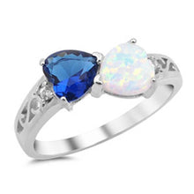 Load image into Gallery viewer, Sterling Silver Fancy White Lab Opal Heart and Blue Sapphire CZ Heart Ring with Swirl Designs and Clear CZAnd Ring Face Height of 8MM