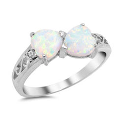 Sterling Silver Fancy Double White Lab Opal Heart Ring with Swirl Designs and Clear CZAnd Ring Face Height of 8MM