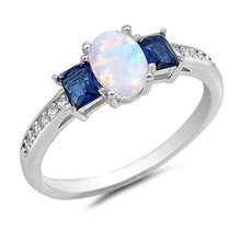 Load image into Gallery viewer, Sterling Silver CZ Ring with Oval White Lab Opal in Between Two Princess Cut Blue Sapphires and Ring Face Height of 7MM
