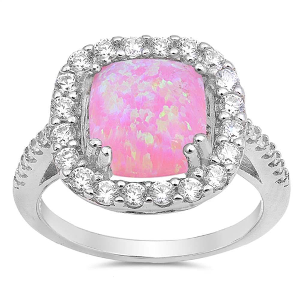 Sterling Silver Square Shaped Pink Lab Opal Rings With CZ