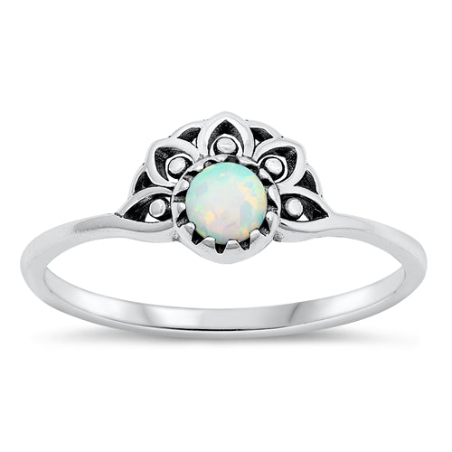 Sterling Silver Oxidized White Lab Opal Half Flower Ring