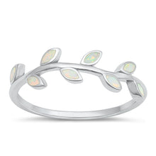 Load image into Gallery viewer, Sterling Silver Rhodium Plated Leaves White Lab Opal Ring