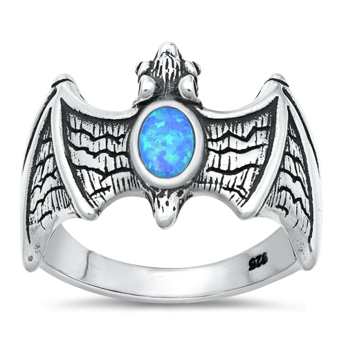 Sterling Silver Oxidized Blue Lab Opal Bat Ring Face Height-16mm
