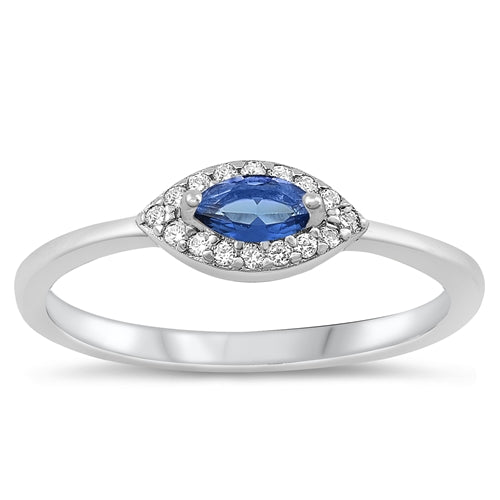 Sterling Silver Rhodium Plated Eye Blue Sapphire CZ and Clear CZ Ring