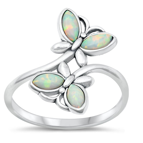 Sterling Silver Oxidized Butterflies White Lab Opal Ring