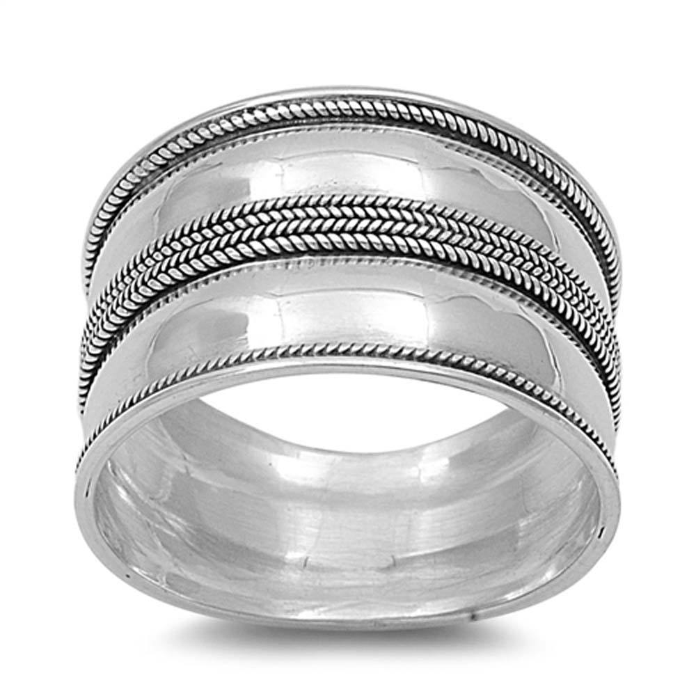 Sterling Silver Braided and Twisted Bali Wide Band Ring with Face