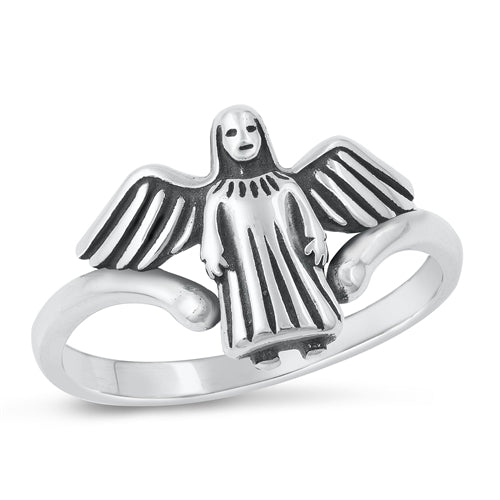 Sterling Silver Oxidized Jesus With Wings Plain Ring Face Height-12.7mm