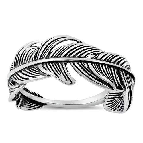 Sterling Silver Oxidized Feather Plain Ring Face Height-9.8mm