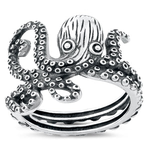 Sterling Silver Oxidized Octopus Ring-18.8mm