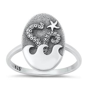 Sterling Silver Oxidized Octopus Ring-18.6mm