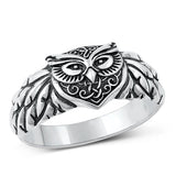 Sterling Silver Oxidized Owl Plain Ring Face Height-11.1mm