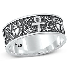 Load image into Gallery viewer, Sterling Silver Oxidized Ankh And Scarab Beetle Plain Ring Face Height-8mm
