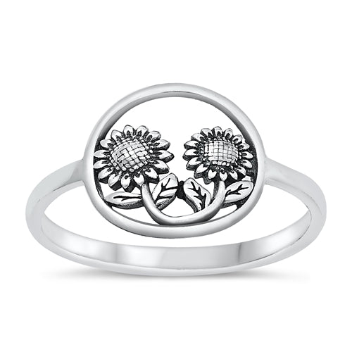 Sterling Silver Oxidized Round Sunflower Plain Ring Face Height-11.3mm