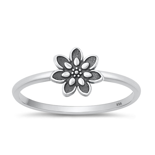 Sterling Silver Oxidized Flower Plain Ring Face Height-8.2mm