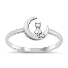 Load image into Gallery viewer, Sterling Silver Oxidized Cat And Moon Plain Ring Face Height-8.4mm