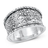 Sterling Silver Oxidized Flowers Plain Ring Face Height-13.5mm