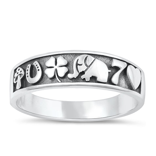 Sterling Silver Oxidized Lucky Symbols Plain Ring Face Height-6mm