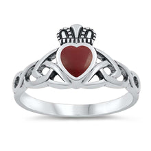 Load image into Gallery viewer, Sterling Silver Modish Red Claddagh with Celtic Knot Design RingAnd Face Height of 11MMAnd Band Width: 2MM