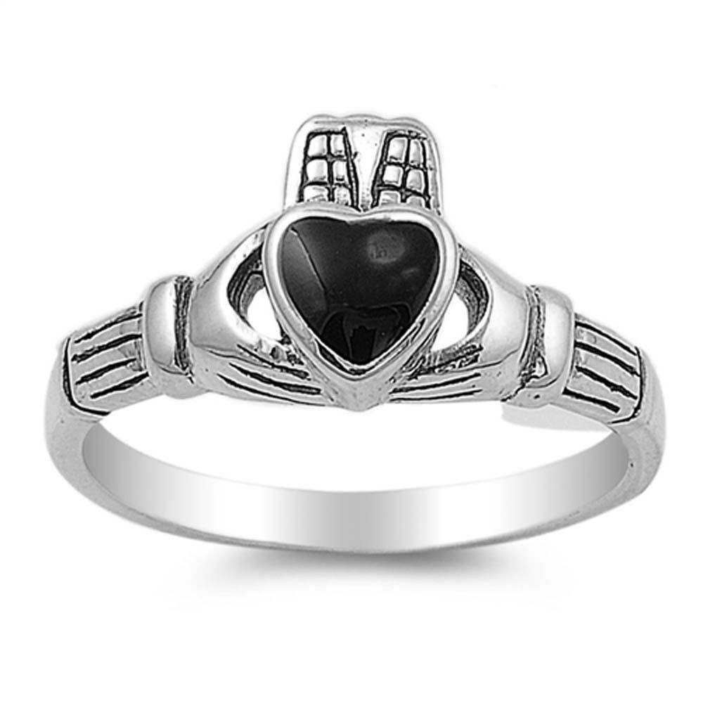 Sterling Silver With Black Onyx Cubic Zirconia Claddagh Stone RingAnd Face Height 10mmAnd Band Width 2mm