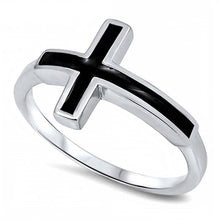 Load image into Gallery viewer, Sterling Silver Sideways Black Stone Cross Design Ring with Face Height of 12MM