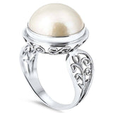 Sterling Silver With Genuine White Mabe Pearl Cubic Zirconia Bali Stone RingAnd Face Height 18mm