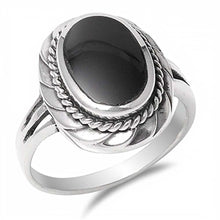 Load image into Gallery viewer, Sterling Silver Fancy Oval Black Stone with Twisted Design Split Band RingAnd Face Height of 20MM