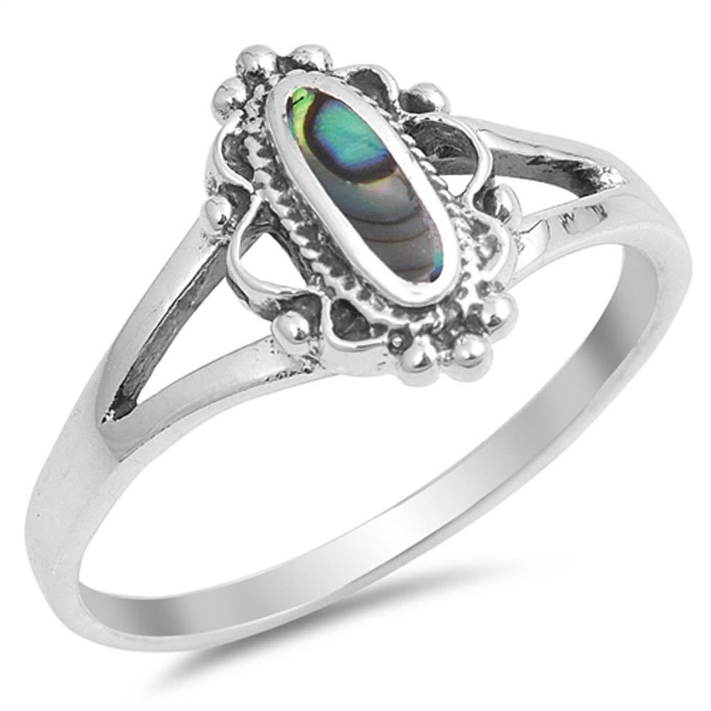 Sterling Silver Fancy Wavy Design Split Band Ring with an Abalone Stone in the CenterAnd Face Height of 8MM