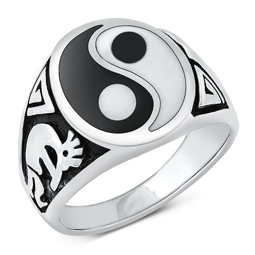 Sterling Silver Oxidized Round Yin Yang Stone Ring Face Height-17.4mm