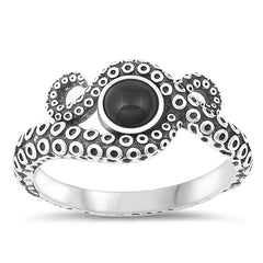 Sterling Silver Oxidized Octopus Black Agate Stone Ring