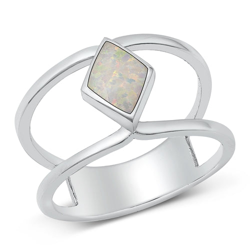 Sterling Silver Diamond Shape White Lab Opal Ring