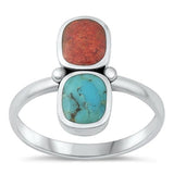 Sterling Silver Oxidized Red Coral and Turquoise Ring-17.6mm