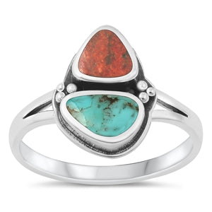 Sterling Silver Oxidized Red Coral and Turquoise Ring-14.6mm