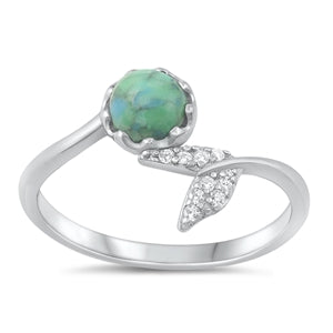 Sterling Silver Rhodium Plated Fishtail Genuine Turquoise and Clear CZ Ring