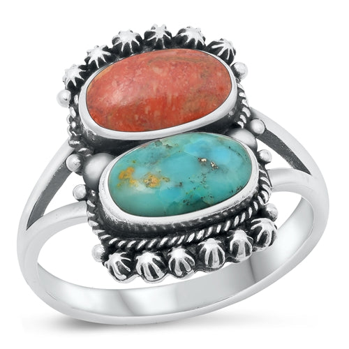 Sterling Silver Oxidized Red Carnelian & Genuine Turquoise Ring